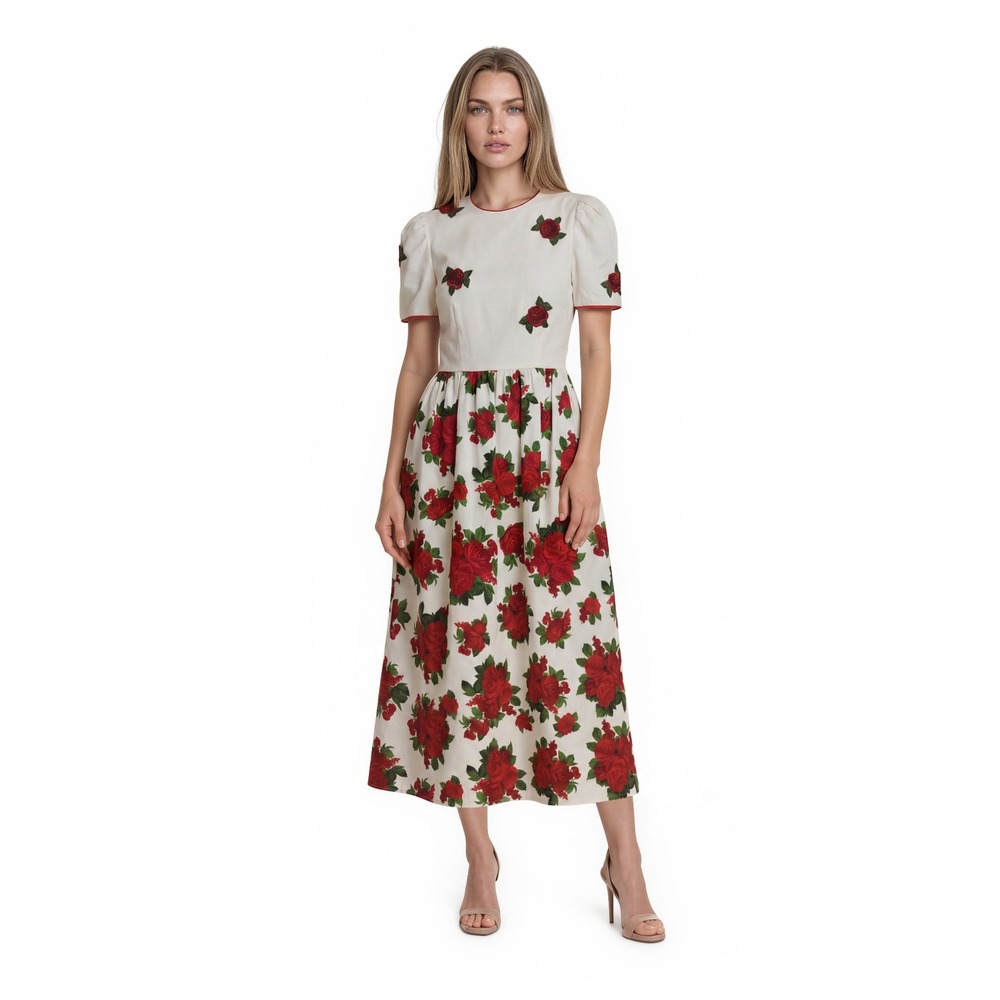 Vintage Rose Floral Midi Dress Women's Size 16 White Red Beaded Applique
